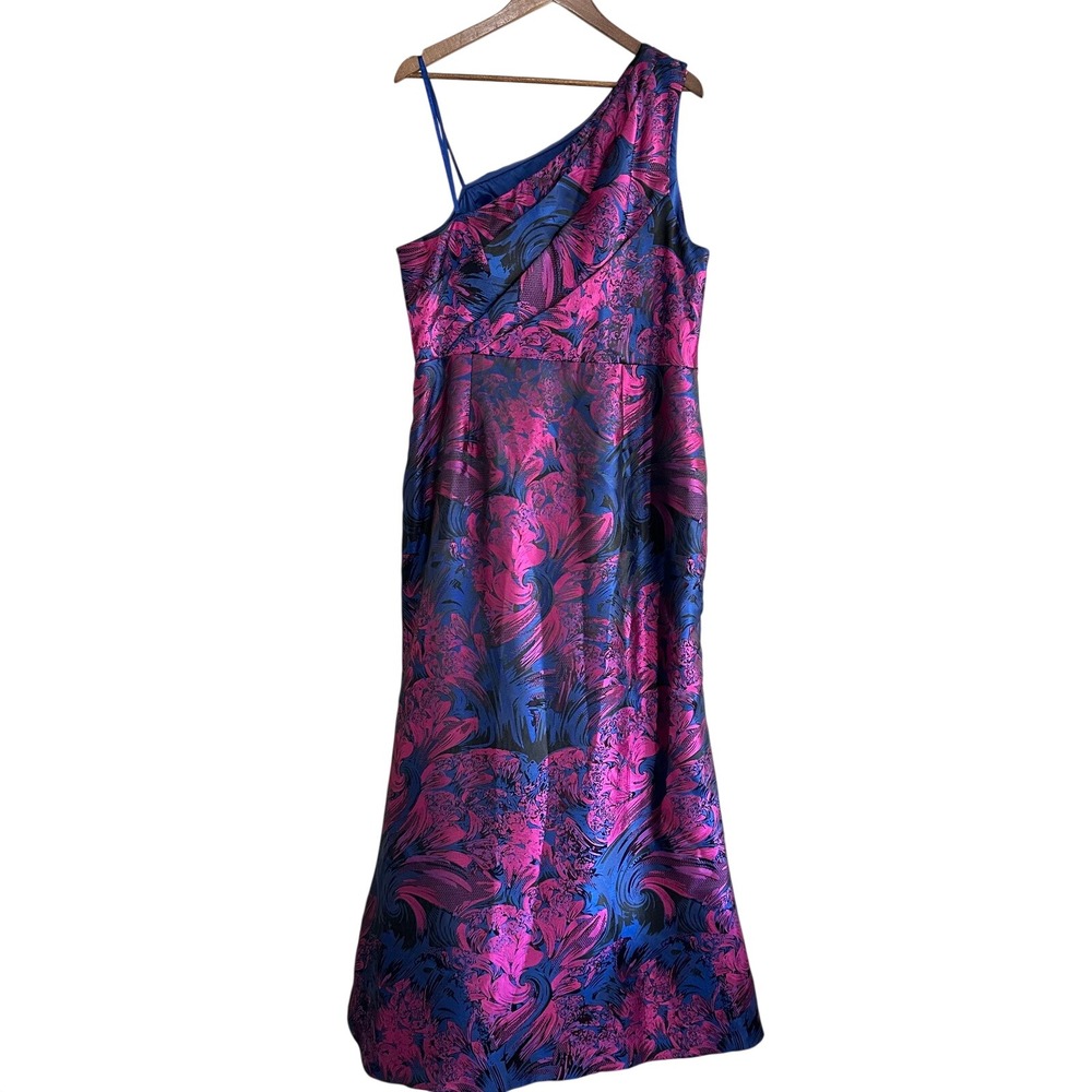 Adrianna Papell Size 20 Blue Pink Brocade Floral Formal Dress One Shoulder - Picture 13 of 13